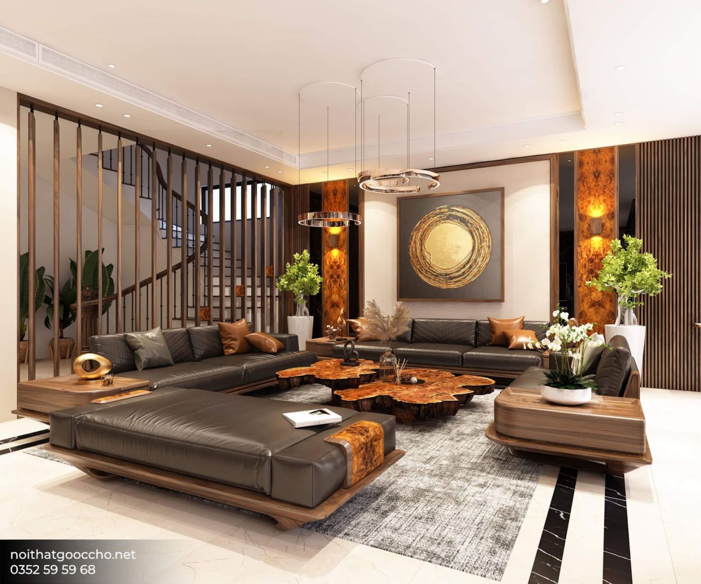 Đẳng cấp sang trọng với bộ sofa gỗ óc chó 4 món trong biệt thự cao cấp