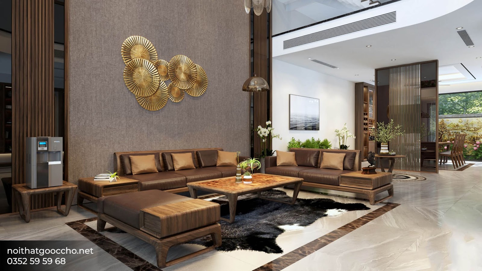 Bộ sofa gỗ óc chó hiện đại kết hợp cùng bàn trà phá cách