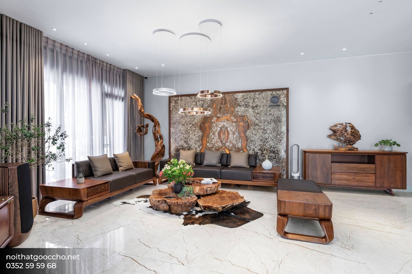 Sự kết hợp hoàn hảo giữa bộ sofa gỗ óc chó cùng nội thất gỗ óc chó đồng bộ